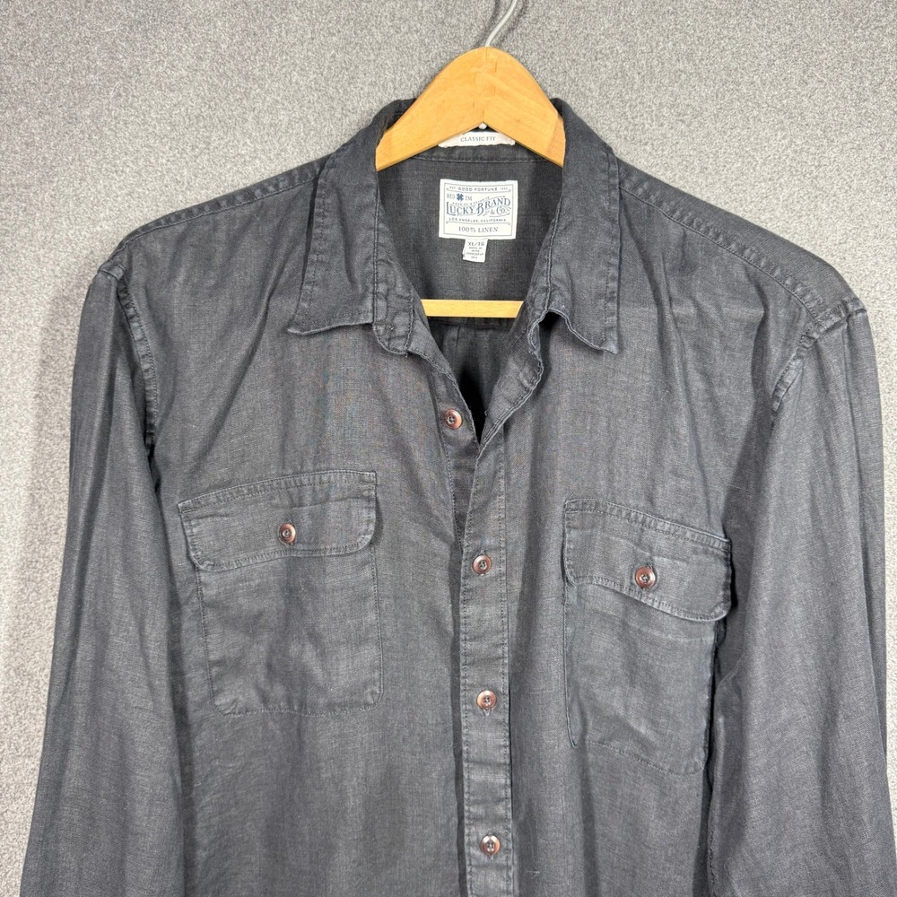 Y2K Inspired Lucky Brand 100% Linen Shirt Men's XL Charcoal Black Button Up